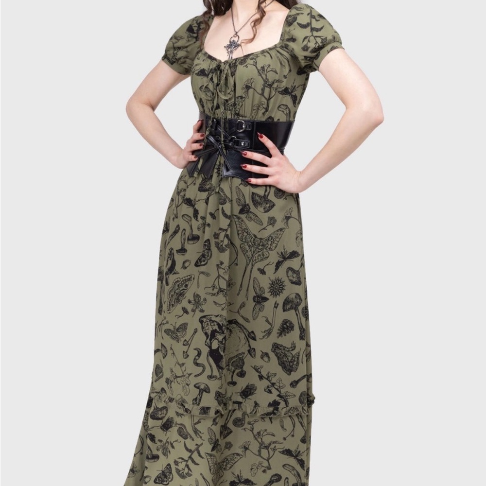 Killstar Olive Green Maxi Dress with Black Botanical Print - Picture 3 of 4